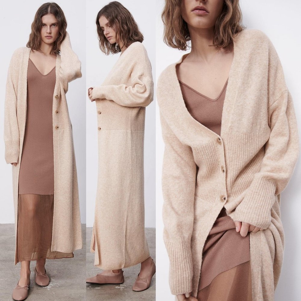 NEW Zara Wool Blend Long Maxi Duster Cardigan Sand